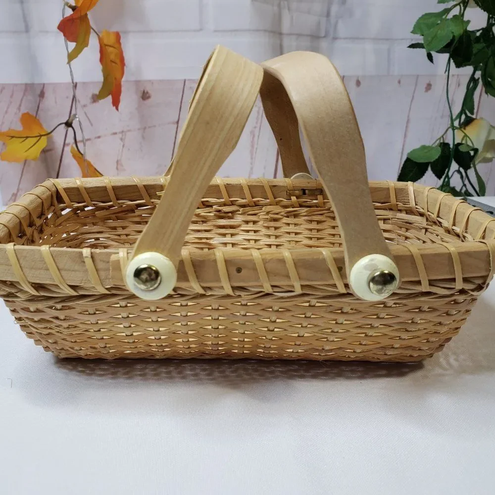 Small Rectangular Rattan Storage Basket w/ Handles Natural Blonde Coastal Decor